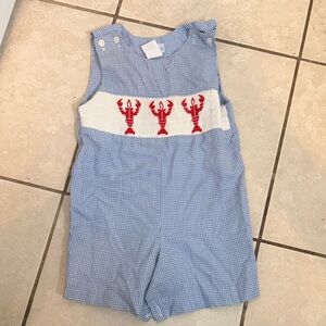 Blue Gingham Romper with Red Lobster Embroidery